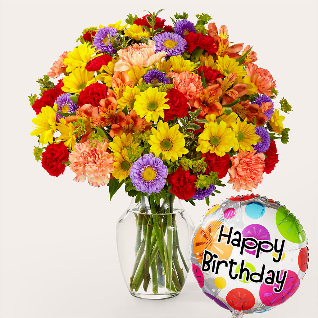 Kaleidoscope Bouquet with Birthday Balloon – Piedmont Florist, Piedmont MO