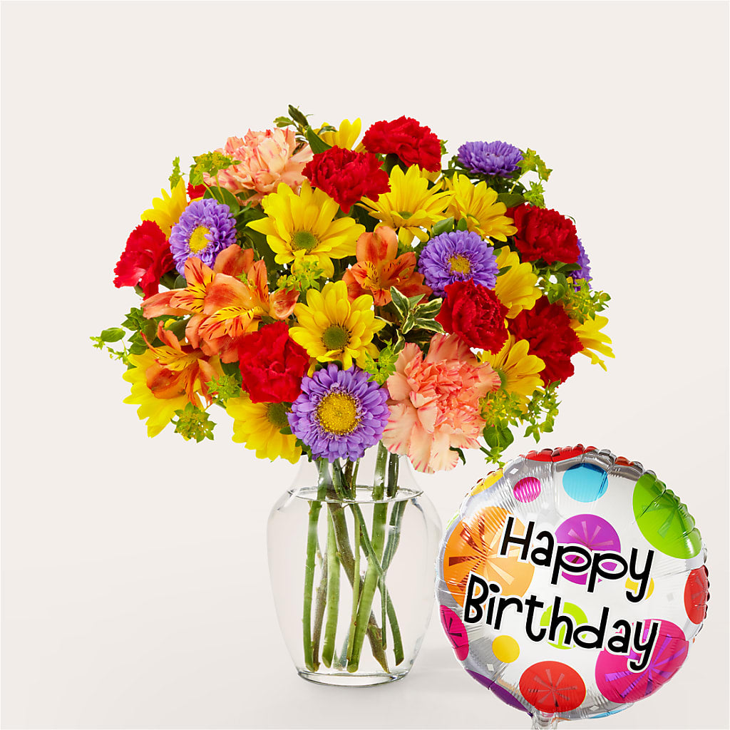 Kaleidoscope Bouquet with Birthday Balloon – Piedmont Florist, Piedmont MO