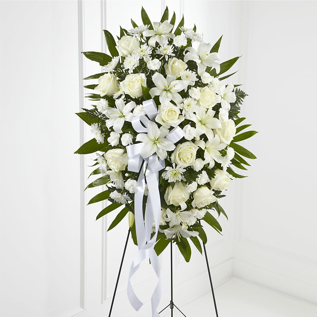 Exquisite Tribute Standing Spray-White Ribbon – Piedmont Florist, Piedmont MO